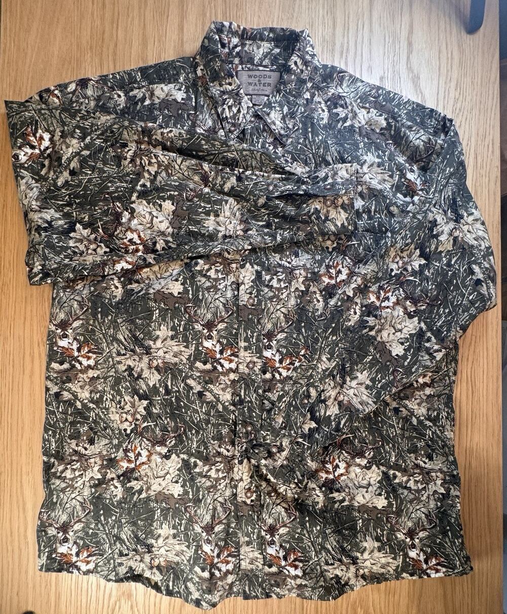 Woods & Water Outfitters XXL Whitetail Deer Buck Camo Shirt AOP Woodland Hunting